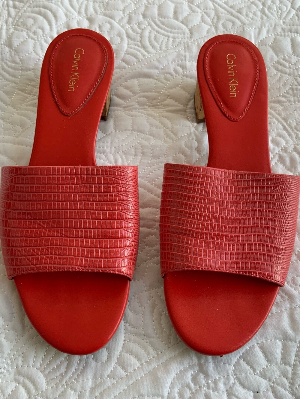 Calvin Klein Red Textured Slide Mules with Block Heel